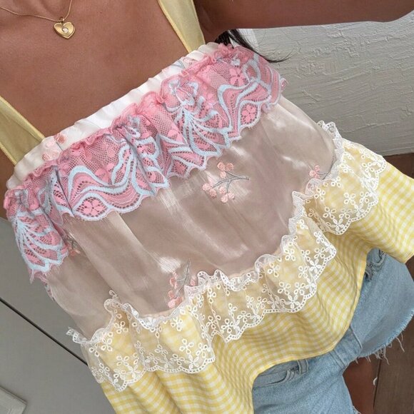 Boho Women's Vacation Plaid multi print Lace Splicing Camisole top - Picture 4 of 7